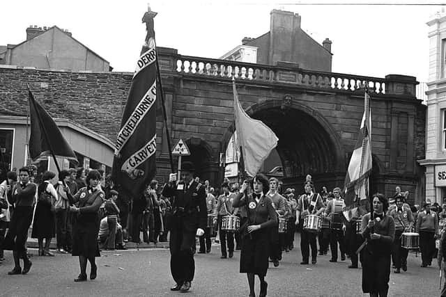 Apprentice Boys march at Diamond Square in Londonderry, August 1980