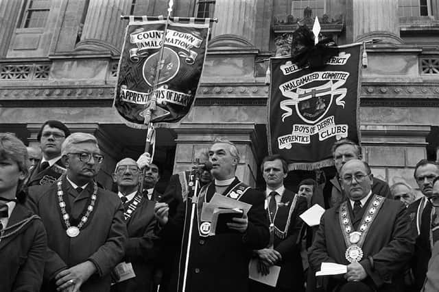 Apprentice Boys of Derry pictured at a rally at Stormont held to protest at the Londonderry name change by the city council in February 1984