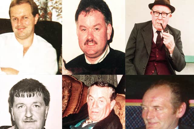 Victims of the 1994 Loughinisland atrocity. Top: (left to right) Patsy O'Hare, Adrian Rogan and Barney Green. Bottom (left to right) Eamonn Byrne, Dan McGreanor and Malcolm Jenkinson