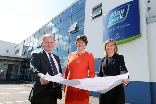 Arlene Foster and DUP chairman Lord Morrow pictured with the then Moy Park CEO Janet McCollum