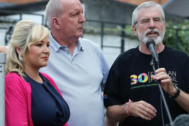 Bobby Storey (centre) pictured with Michelle O’Neill and Gerry Adams in 2018