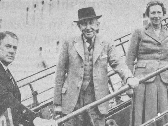 The Prime Minister of Northern Ireland, Lord Brookeborough and Lady Brookeborough sailed in the Canberra on her preliminary trial on Saturday, April 29, 1961. On left is Dr Denis Rebbeck of Harland and Wolff, Ltd
