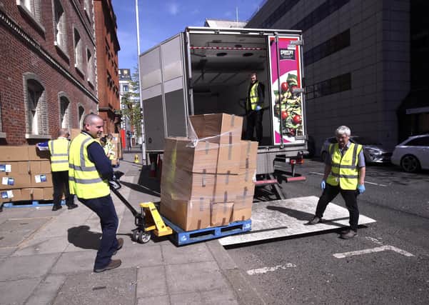 Food parcels arriving at the Community Services Facility Unit based at The Ulster Hall in Belfast. To receive food call the helpline on 0800 587 4695 or email Covid19@belfastcity.gov.uk