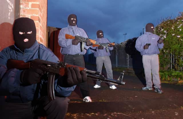 UDA/UFF members in the group’s Taughmonagh stronghold in south Belfast, May 2003