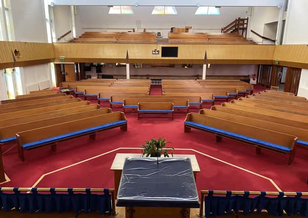 The empty interior of Ballymena Free Presbyterian Church during lockdown in 2020.  As in other denominations, Free Presbyterian worship services were suspended in March