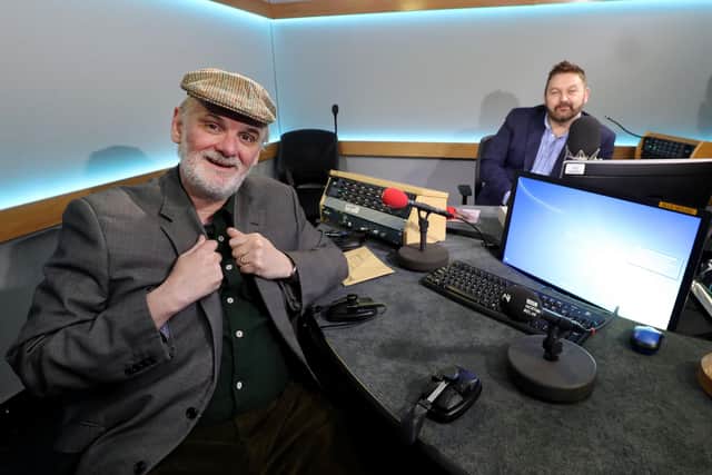 Give My Head Peace: Tim as delusive republican 'Da' at BBC NI studios with presenter William Crawley