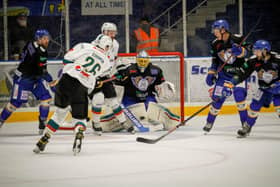 Belfast Giants' Scott Conway send the puck towards goal during Friday's game against the Fife Flyers in Kirkcaldy, Scotland. Picture: Jillian McFarlane/Fife Flyers Images