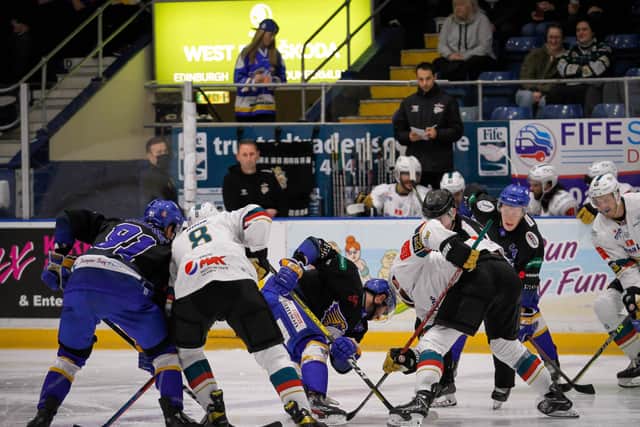 Action from the Belfast Giants game against the Fife Flyers in Kirkcaldy, Scotland. Picture: Jillian McFarlane/Fife Flyers Images