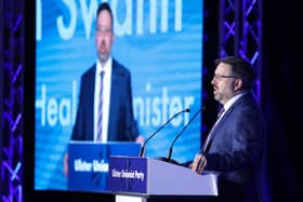 Health Minister Robin Swann addressing the Ulster Unionist Party conference on Saturday, where he said that 98% of local NHS medicines come from across the Irish Sea and their distribution is now threatened by the Northern Ireland Protocol.
Photo by Philip Magowan/Press Eye