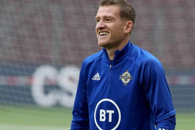 Steven Davis relaxed during yesterday’s Northern Ireland training session in Switzerland. Pic by PressEye Ltd.