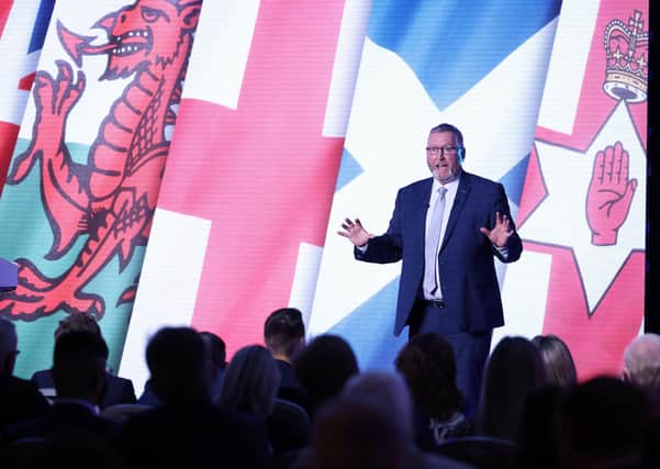 Doug Beattie addresses the Ulster Unionist Party Conference in south Belfast on Saturday. “My unionism is confident, positive, progressive, and inclusive,” he said