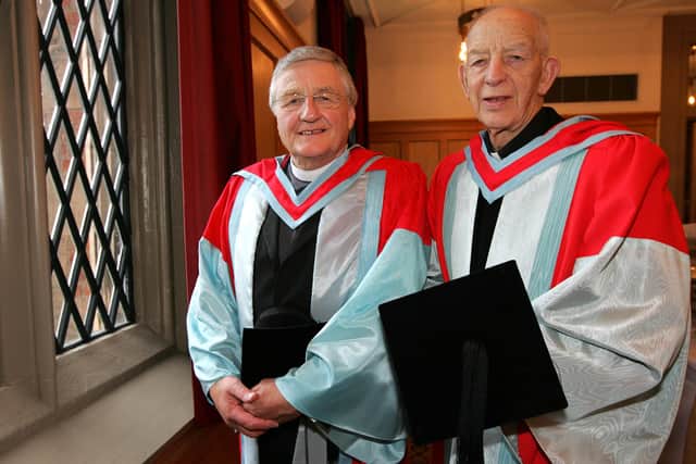 Rev Harold Good (left) and Father Alec Reid, who both acted as witnesses for the decommissioning of IRA weapons, pictured when they were awarded honourary Doctorates for Services to the Community at Queen's University in Belfast