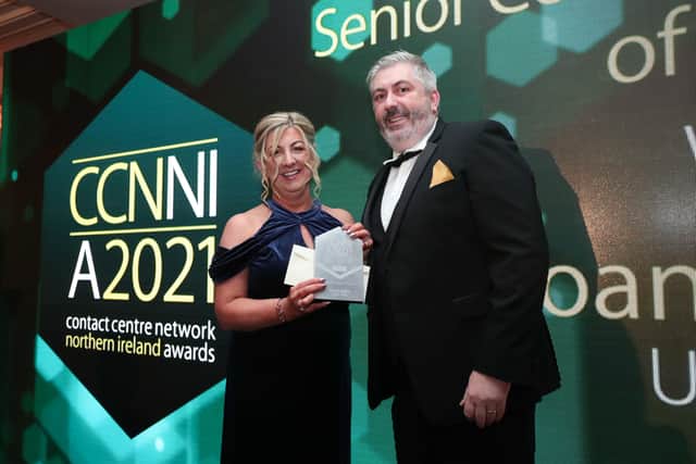 Ulster Bank’s Joanne Wilson with John Nesbitt of sponsor Jabra at an event in the Hilton Belfast