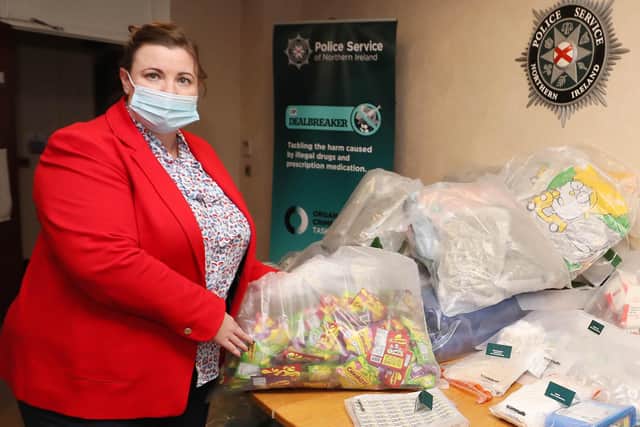 PSNI Detective Superintendent Zoe McKee with a display of suspected drugs seized as part of Operation Dealbreaker at police headquarters, east Belfast.

Picture by Jonathan Porter/PressEye