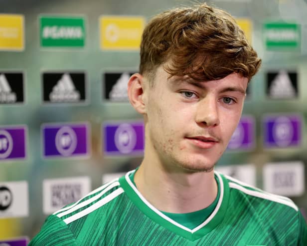 Northern Ireland'’s Conor Bradley in a post match interview after the 2022 FIFA World Cup Qualifying match at Windsor Park, Belfast.