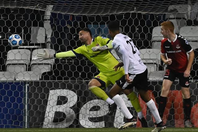 Jonte Smith heads home his extra-time winner last night against Crusaders to secure Ballymena United a spot in the next round of the BetMcLean League Cup with a 3-2 victory.  Pic by Pacemaker.