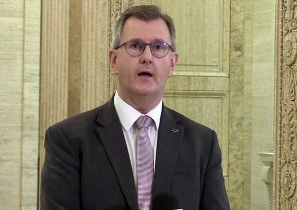 DUP leader Sir Jeffrey Donaldson speaks to the media in the Great Hall of Parliament Buildings, Belfast. Picture date: Thursday September 16, 2021.
