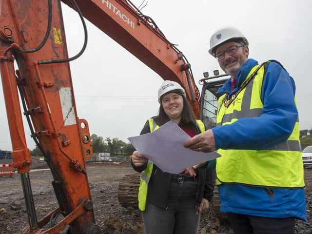 The Mayor of Mid and East Antrim, Cllr William McCaughey, with site manager Jessica Stronge at Sullatober.