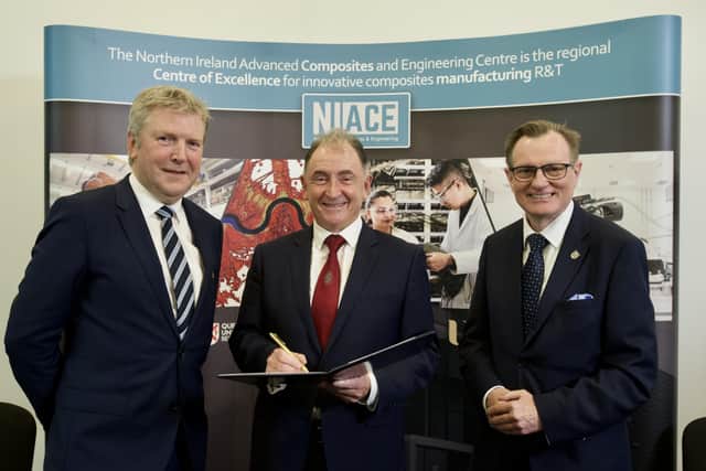 Pictured are at the re-launch of the Northern Ireland Advanced Composites and Engineering Centre are Professor Liam Maguire, Pro-Vice-Chancellor of Research at Ulster University; Sir Jim McDonald, President of the Royal Academy of Engineering and Queen's University Vice-Chancellor Professor Ian Greer