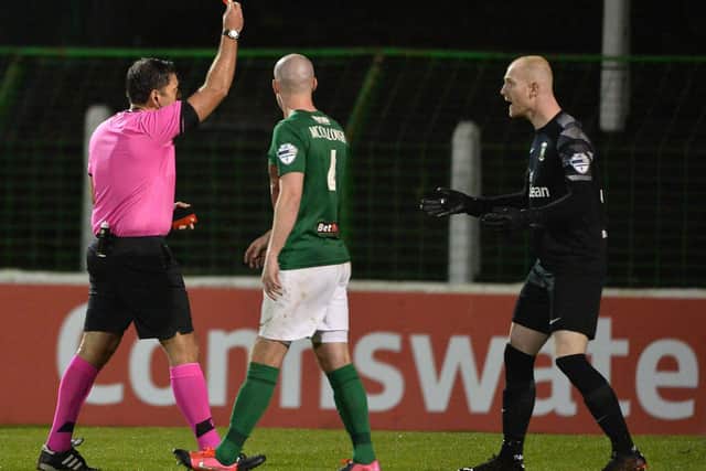 Aaron McCarey is sent off by referee Andrew Davey. Inpho/Presseye/Stephen Hamilton