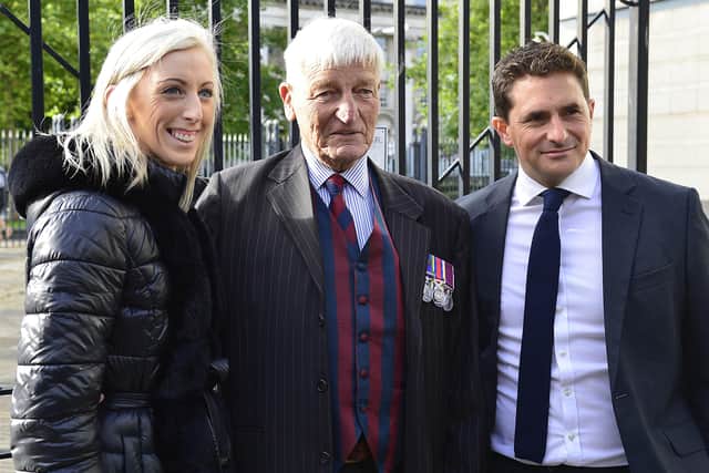 DUP MP Carla Lockhart with army veteran Dennis Hutchings  and Conservative MP Johnny Mercer pictured outside a Belfast court earlier this month for his trial.
Picture By: Arthur Allison/ Pacemaker Press