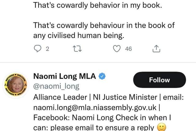 Alliance leader Naomi Long liked the above tweet about Dennis Hutchings shortly after his death, but after being contacted by the News Letter for comment, responded on Twitter by saying she had liked it 'inadvertantly'.