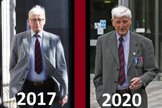 Dennis Hutchings appearing in Belfast court in 2017, and the most recent picture of him in 2021