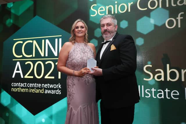 Silver winner at the Contact Centre Network Northern Ireland Awards Sabrina Lynch, senior manager at Allstate NI presented her award by John Nesbitt of Jabra