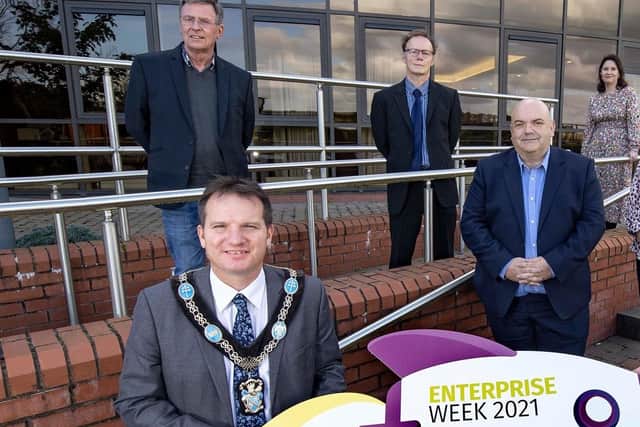 Breandan Mac Cionnaith (rear left) helping promote ABC Council's Enterprise Week. ABC Council image