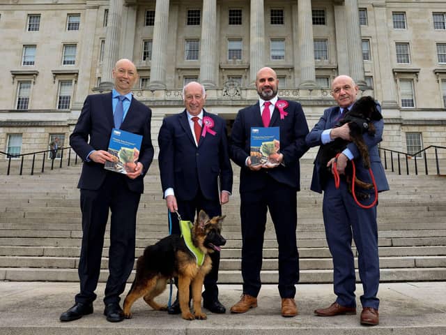 Pictured at the launch of the report is USPCA Chief Executive Brendan Mullan, MLA Robin Newton, Dr Marc Abraham OBE, and MLA John Blair
