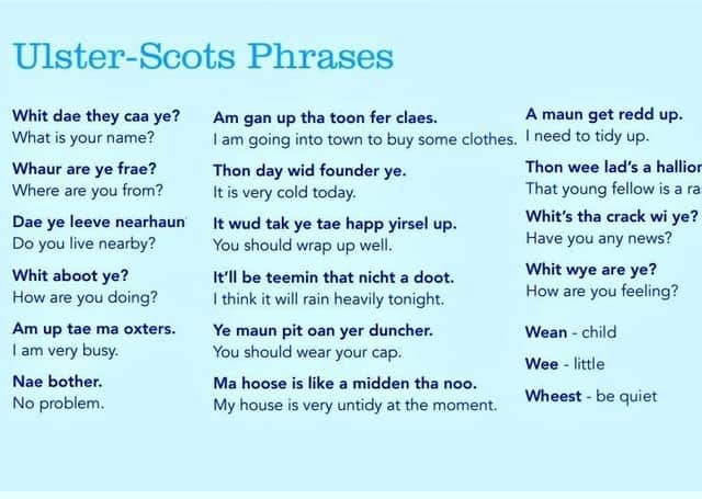 A selection of Ulster-Scots phrases, taken from a booklet from the Ulster-Scots Agency. But Ulster-Scots is a dialect, not a separate language