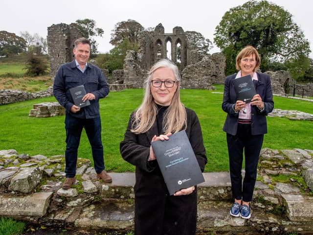 Pictured at Inch Abbey in Downpatrick, Game of Thrones filming location, are Richard Williams, CEO NI Screens, Áine Kearney, Tourism NI’s director of business support and events and Clair Balmer, Tourism Ireland