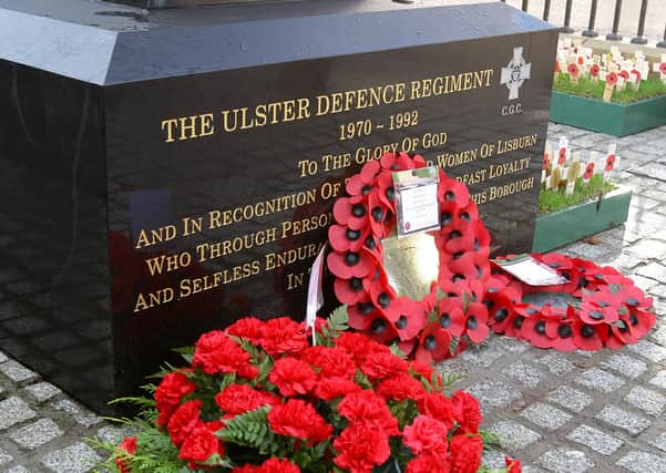 Wreaths at the Ulster Defence Regiment memorial in Lisburn. Photo: Cliff Donaldson