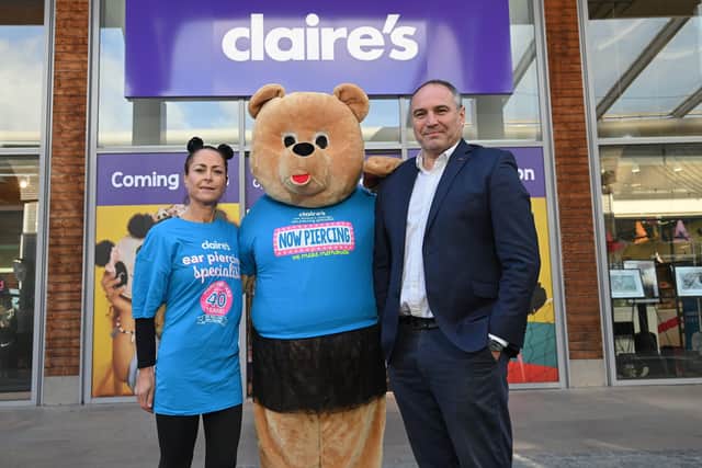 Claire’s store manager, Karen Ross and The Claire Bear are pictured alongside The Boulevard centre director, Chris Nelmes, opening the new store
