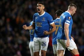 Leon Balogun of Rangers celebrates after scoring his side’s first goal against Brondby