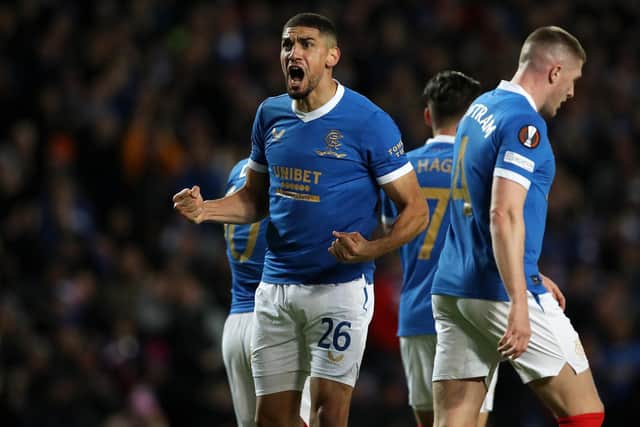 Leon Balogun of Rangers celebrates after scoring his side’s first goal against Brondby