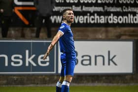 Ryan Mayse celebrates his second goal for Dungannon against Carrick Rangers