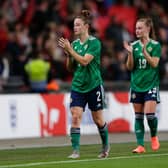 Rebecca McKenna of Northern Ireland applauds fans after her sides defeat in the FIFA Women's World Cup 2023 Qualifier group D match