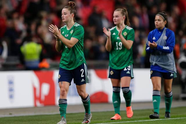 Rebecca McKenna of Northern Ireland applauds fans after her sides defeat in the FIFA Women's World Cup 2023 Qualifier group D match