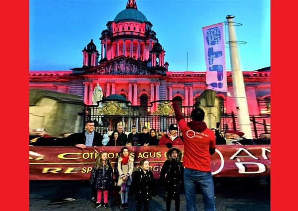 City Hall lit up red in January 2019 in honour of Irish langauge campaigners