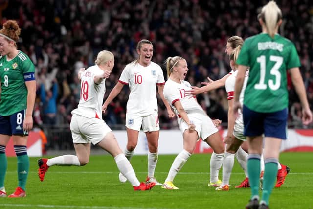 England's Beth Mead (17) celebrates scoring their side's first goal of the game during the FIFA Women's World Cup 2023 qualifying match at Wembley