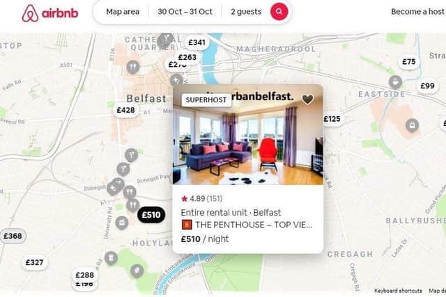 Prices for a single night in a Belfast Airbnb (checking in this coming Saturday, leaving Sunday) ranged from £53 to £510