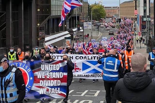 Anti-NI Protocol march in Glasgow - 23 October 2021. Photo courtesy of the Scottish Coalition