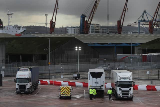 Lorries in the Department of Agriculture, Environment and Rural Affairs (DAERA) site in Duncrue Street, near Belfast port, which is one of the sites when lorries roll off the ferries from Great Britain to get checked