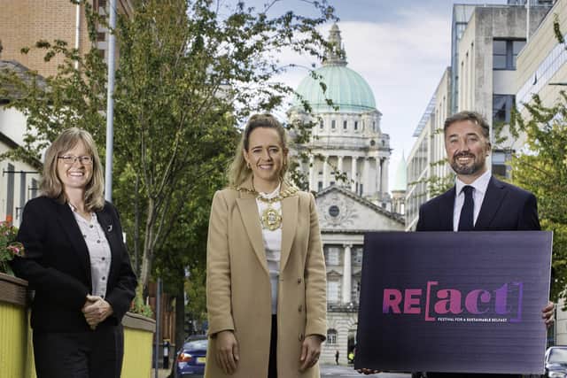 Debbie Caldwell, climate commissioner at Belfast City Council, Lord Mayor Councillor Kate Nicholl and Chris McCracken, managing director of LQ BID