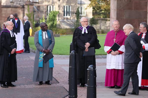 Prime Minister Boris Johnson with church leaders at the service to mark the centenary of partition/Northern Ireland on October 21. It would be a travesty if the rest of the world were to think that the service was reflective of opinion in NI. Photo by Jonathan Porter / Press Eye