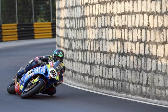 Derek Sheils on the Burrows Engineering/RK Racing Suzuki during qualifying at the Macau Grand Prix in 2019.