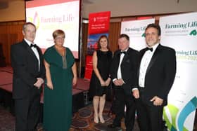 Gillian Reid, winner of the Women of Excellence award, with husband Carl, Ian McCluggage, winner of the lifetime achievement award, and wife Julie, with  News Letter editor Ben Lowry (right) at the Farming Life awards night at La Mon Hotel