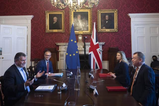 Brexit minister Lord Frost, right, sitting opposite European Commission vice president Maros Sefcovic, in talks in London this year. Putting Northern Ireland’s leadership front and centre of the protocol negotiations would dramatically improve relationships all round
