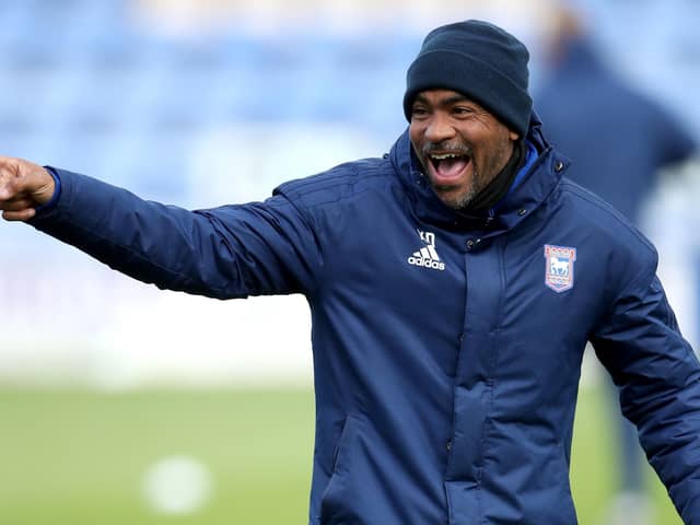 Ipswich Town's under 23 manager Kieron Dyer on the pitch ahead of the Sky Bet League One match at Montgomery Waters Meadow, Shrewsbury.